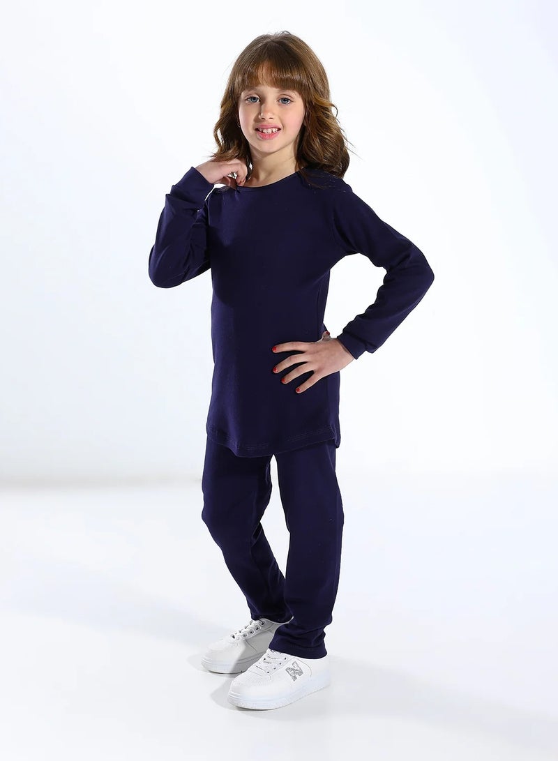 Cottonil Girl's Thermal Fleece Cotton Set Long Sleeve Top and Pants - Navy - Image 2